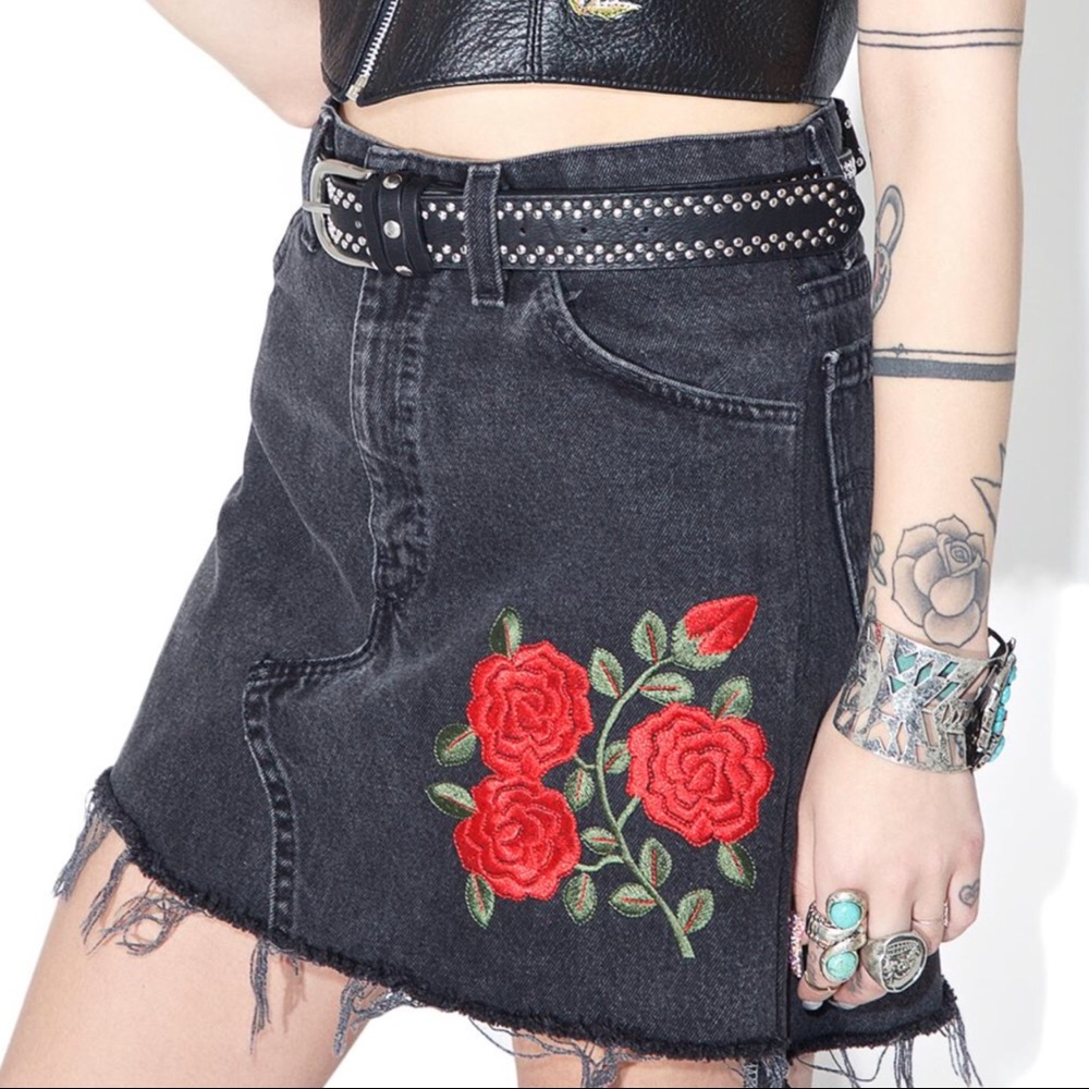 Embroidered Rose Vintage Levis Denim Skirt